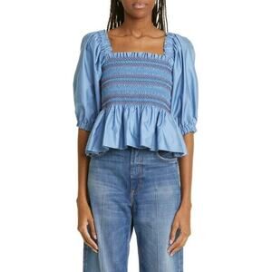 Molly Goddard Shirt Womens Sz 2 Blue Marigold Embroidered Puff Sleeve Smocked